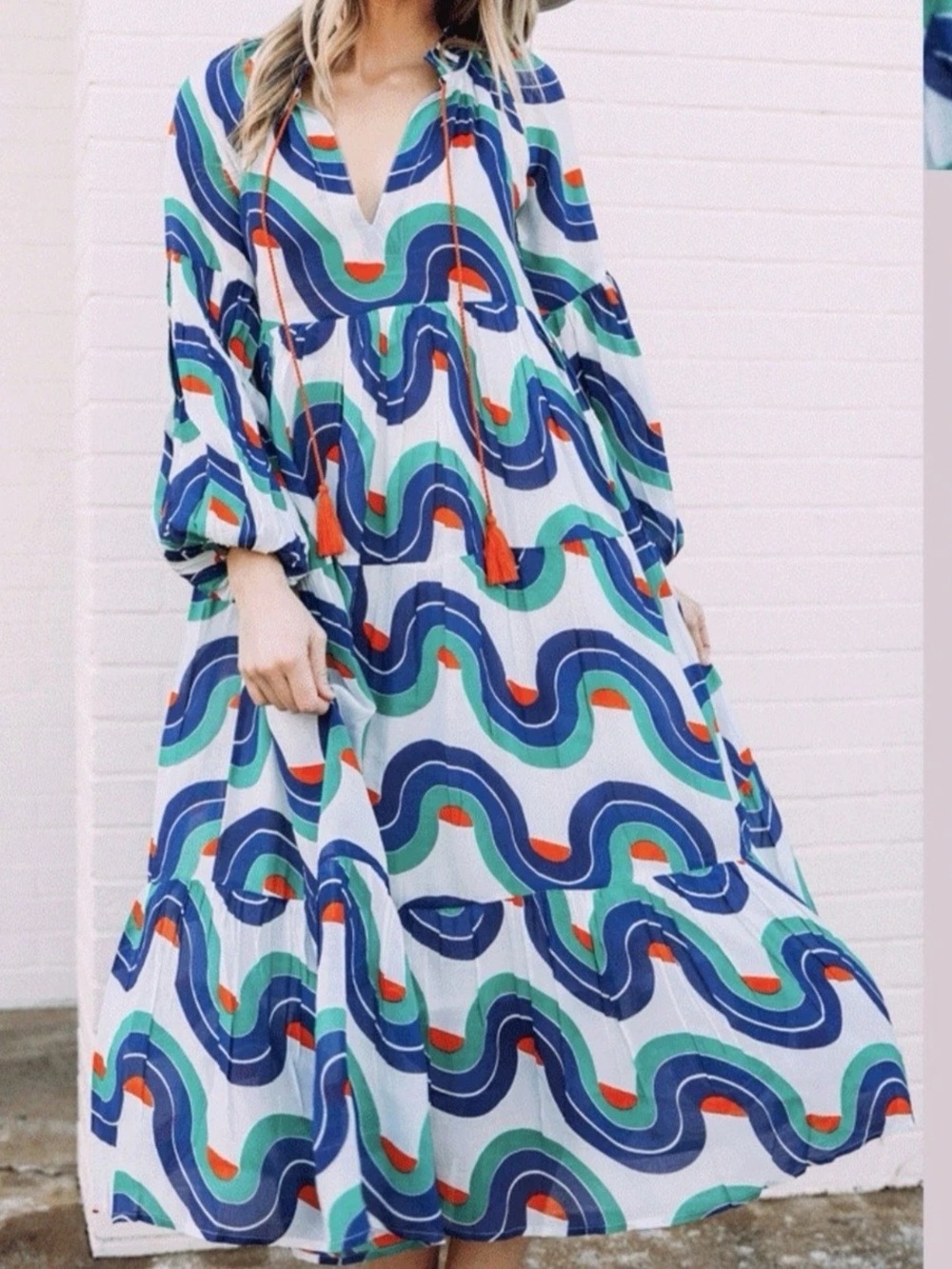 Oliphant Retro Swirl Print Long Sleeve Tiered Maxi Dress Size Small Tuckernuck